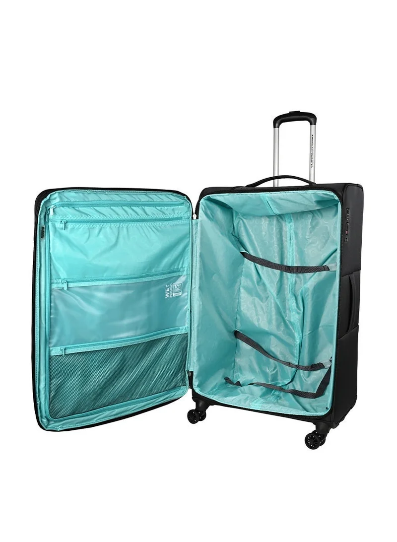 AMERICAN TOURISTER  Majoris + Suitcase, Check-In Size 83 cm, 4 Spinner Wheels, Soft Top, 100% Polyester, Black|Corner Guards|Multi Front Pocket|TSA Combination Lock|Expandable|Retractable Aluminum Handle - 3 Years International Warranty  | Best Price UAE